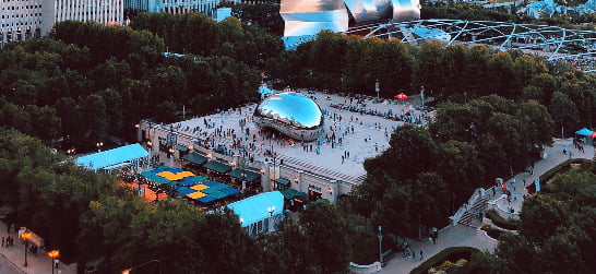 aerial view of millennium park and cloud gate